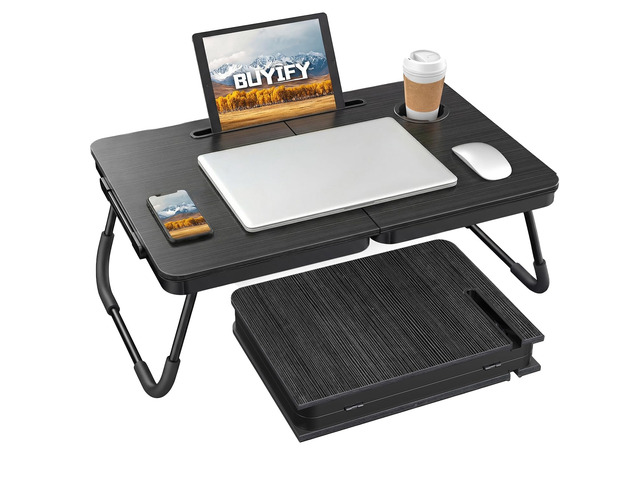 23.4' Foldable Lap Desk Bed Table with Cup Holder Tray Black Portable Folds Flat for Easy Storage, No Assembly Laptop Bed Desk, Sturdy and...