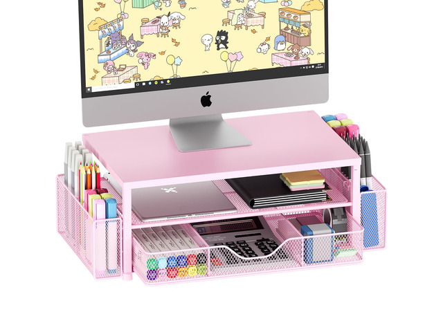 Desk Organizer and Accessories, 2-Tier Computer Monitor Stand Riser with Drawer and 2 Pen Holders, Laptop Stand, Office Desk Accessories for Office...