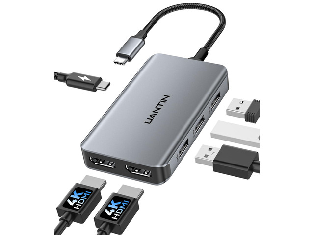 6-in-1 USB C Hub, Type C to Dual HDMI Adapter 4K@60Hz HDMI Splitter Extended Display for Dual Monitor with 100W PD, USB 2.0, Dual HDMI Adapter...