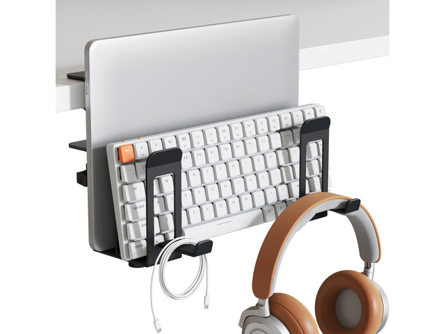 Laptop Stand Vertical, 2-Slot Under Desk Laptop Holder, Black Desk Side Storage with Headphone Holder, Laptop Organizer for Office Gaming