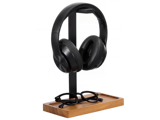 Wood Headphone Stand, Walnut Headset Stand for Desk, Universal Headphone Holder with Storage Base for Gaming, Music Headsets(Light Brown)