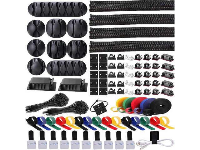 300PCS Cable Management Kit,4 Cable Sleeve 35 Cable Clips 11Cord Holders,20 Roll Cable Organizer Straps, 200 Fastening Cable Ties,20 Cable Zip...