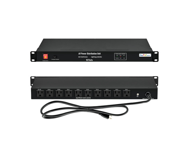 1U Horizontal PDU 19' Rack Mount Power Strip - Surge Protector For Network Servers, 10 NEMA 5-15R Outlet, 120V 15A, 3600 Joules, Heavy-Duty 6 ft Cord