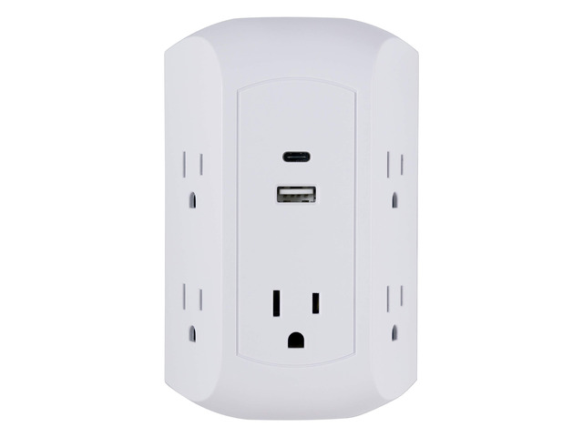 UltraPro 5-Outlet Extender with USB and USB-C Port, Sur Protector Spaced Wall Tap, Side-Access, Charging Station, for iPhone/iPad/Samsung/Google...