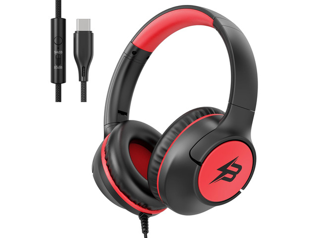 USB C Headphones Wired for Kids, 85/94dB Volume Limit With Mic, Black Red Kid Headphones for School, Wired Over Ear USBC Plug in Corded Headphones...