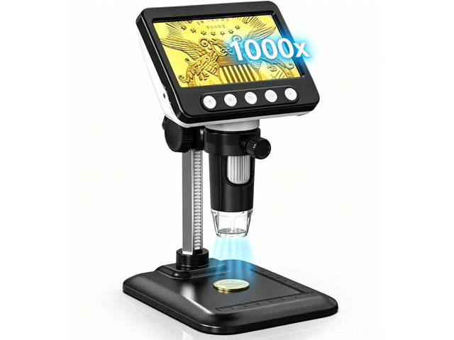 Coin Microscope, 4.3' LCD USB Digital 1000X 1080P Coin Magnifier 8 Adjustable LED Lights, PC View Compatible with Windows/MacBook for Adults Kids
