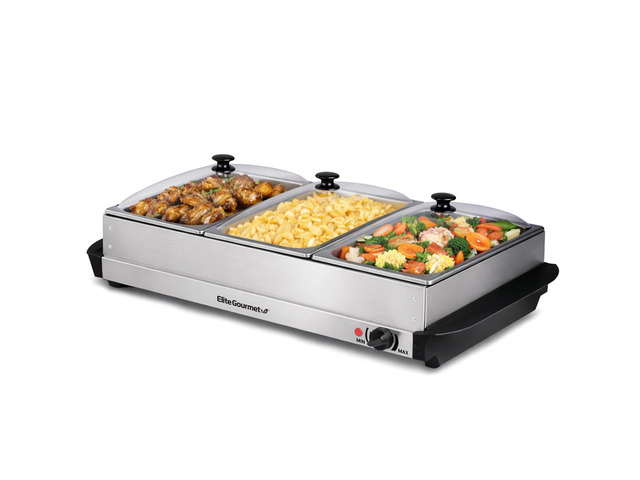EWM-6171 Triple Buffet Server, 7.5 Qt, Stainless Steel Adjustable Temperature Control, Clear Slotted Lids - Great for Parties, Entertaining,...
