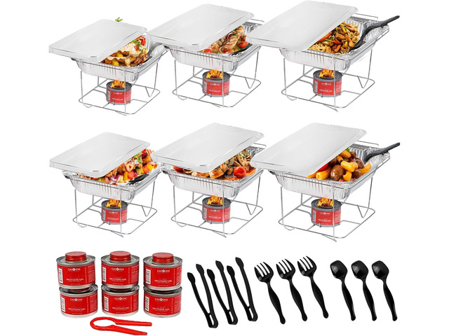 6 Pack - Disposable Chafing Dish Buffet Set, Half Size Pans, Welded Body Food Warmers for Parties, Fuel Cans Complete Set, Warming Trays