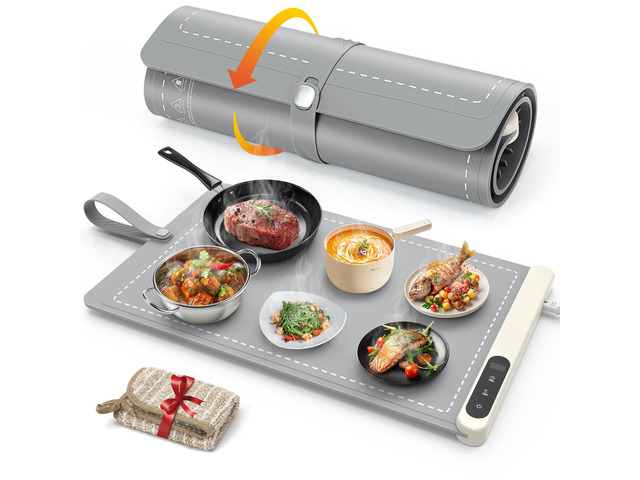 Warming Mat for Food 24'x15', Rapid and Full Surface Heating Gray 6 Temp Settings, 6H Timer, Rollable Portable Silicone Electric Food Heating Mat...