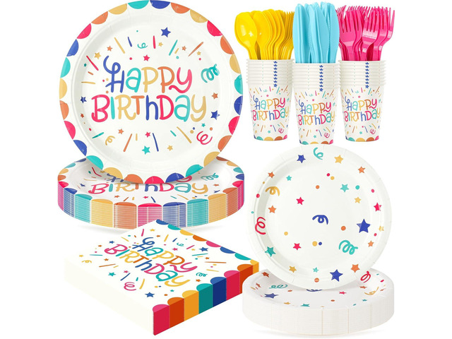 Multicolor Happy Birthday Party Plates Set, 168PCS Ribbons and Dots Stars Paper Plates Napkins Cups and Colorful Cutlery Set, 24 Set Colorful...