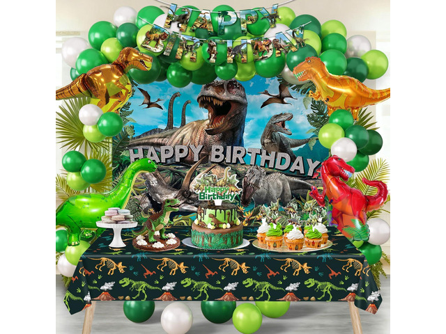 Dinosaur Birthday Party Decorations Kit for Boys - Dino Party Supplies with Tablecloth, Banner, Backdrop, Cake Topper, Balloons & Stickers for Kids