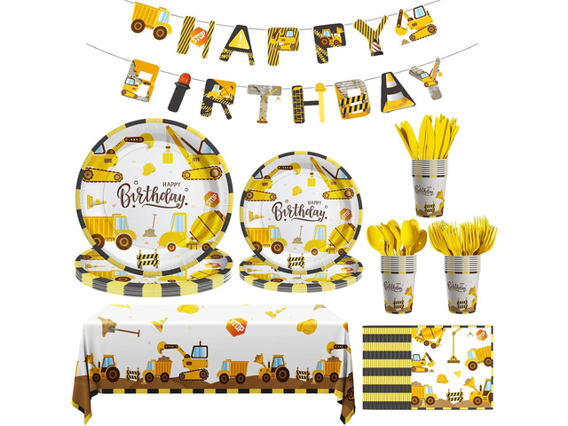 Cecnamt Construction Birthday Decorations, 170 Pcs Construction Birthday Party Supplies Including Banner, Plates, Cups, Napkins, Cutlery and...