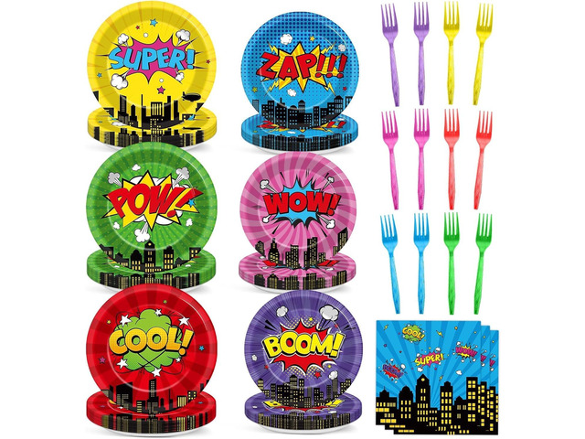 96Pcs Super Theme Hero Party Plates and Napkins Forks for Comic Heroes Birthday Decorations Hero's Action Sign Cityscape Buildings Tableware Set...