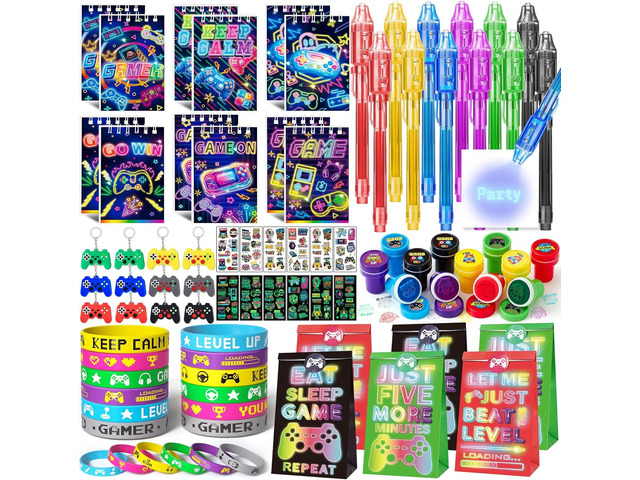SNLN Video Game Party Favors Gamer Birthday Supplies Kids Notebook Invisible Ink Pen Paper Bag Silicone Bracelet Stamper Keychain Glow Tattoo...