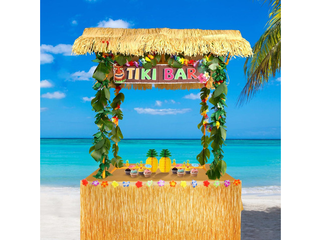Auihiay 50PCS Tiki Bar Hut Kit, Tiki Hut Decoration Includes Tiki Bar, Banner, Roof, Palm Leaves, Flower Garland and Table Skirt, Great Hawaiian...