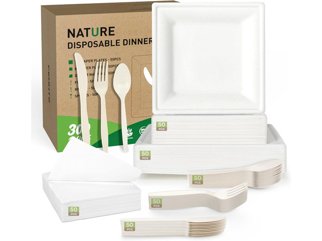 Compostable Paper Plates Set, 300PCS Heavy-Duty Disposable Dinnerware Set for 50 Guests, Includes 10 Inch & 8 Inch Square Plates, Forks, Knives,...