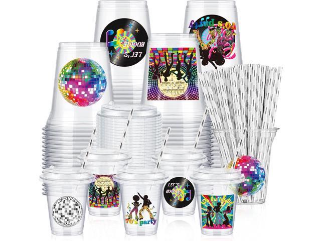 Boao 36 Sets 70s Disco Cups with Lids and Paper Straws 14 oz Disco Birthday Party Supplies Favors Disposable Clear Plastic Cups Bulk