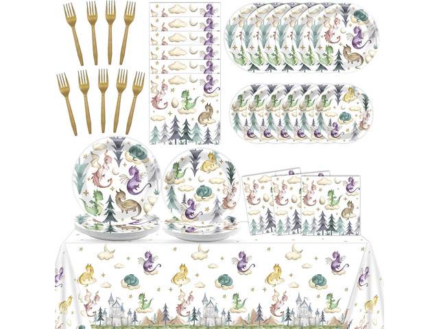 98 Pcs Watercolor Dragon Tableware Set Magic Dragon Party Plates Napkins Dragon Table Cover Fantasy Dragon Dinnerware for Kid Boy Girl Birthday...