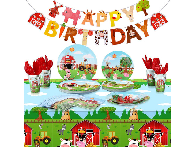 Pajean 171 Pcs Farm Animals Birthday Party Supplies, 24 Guests Barnyard Theme Disposable Tableware Set, Includes Banner, Tablecloth, Plates, Cups,...