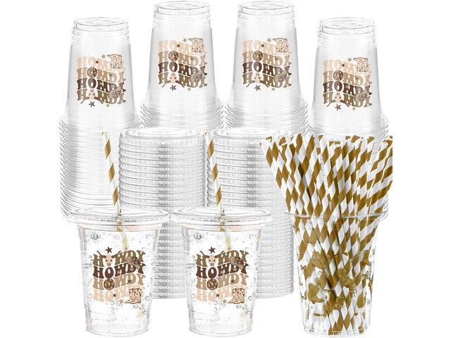 Yungyan 50 Sets Western Cowboy Plastic Cups with Lids and Straws 16 oz Howdy Brown Cowboy Cowgirl Coffee Juice Drinking Cups for Western Party...