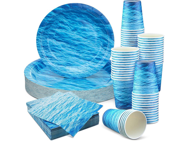 200 Pieces Ocean Party Supplies Ocean Waves Tableware Set Patterns Printed Plates Napkins Cups Table Decorations for Baby Shower Birthday Beach...