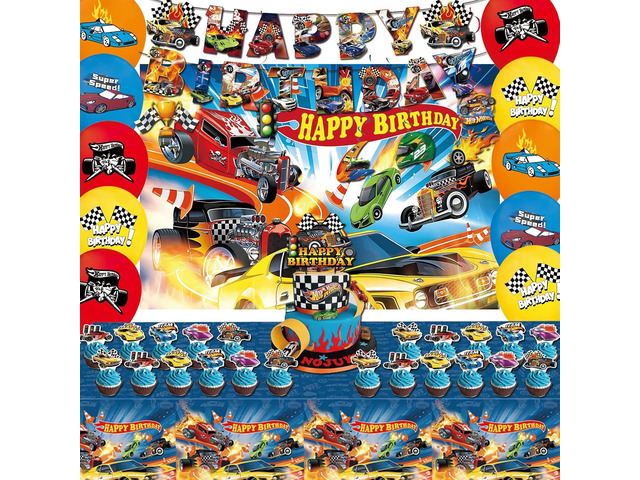 58 Pcs Hot Car Birthday Party Supplies,Included Banner,Hanging Swirls,Tablecloth,Cake Topper,Cupcake Toppers,Backdrop,Balloon for Boy and Girl...