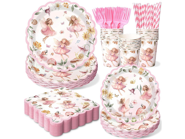 300Pcs Fairy Plates and Napkins Tableware Set (Serves 50 Guests), Plates Napkins Cups Straws and Forks Sets, Fairy 1st 2rd First Birthday Fairies...