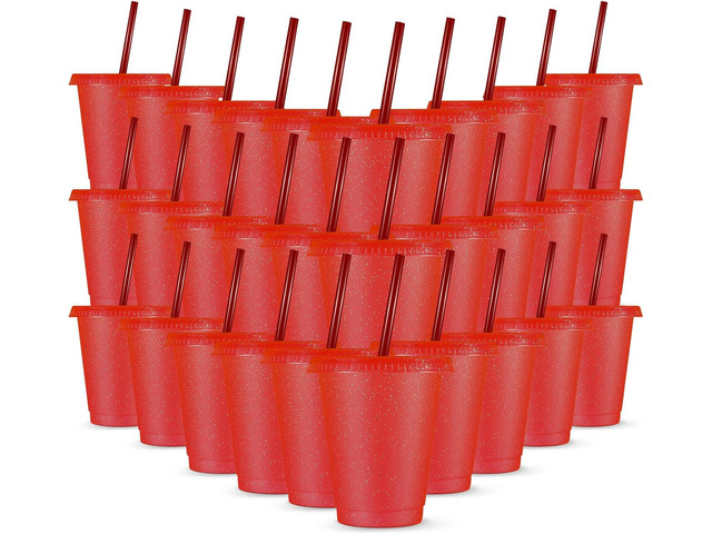 Rtteri 30 Pieces Reusable Cups with Lids and Straws 16 oz Glitter Plastic Tumbler Iced Coffee Travel Mug Cup for Smoothie Cold Drinks Graduation...