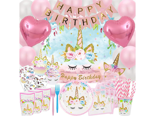 Unicorn Birthday Decorations, Unicorn Party Supplies for Girls Birthday - Party Backdrop Bday Balloons Kit Headband Cake Cupcake Toppers Wrappers...