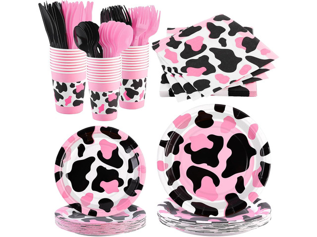 durony 210 Pieces Pink Cow Print Tableware Set Pink Cow Print Party Decorations Paper Plates Cups Napkins Knife Spoons Forks for Cowgirl, Baby...