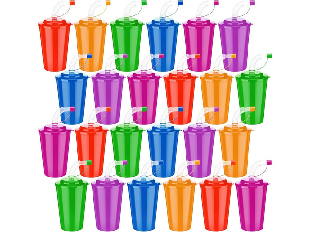 Zubebe 24 Pcs Party Cups with Lids and Straws 12 oz Neon Sipper Cup Leak Proof Plastic Summer Cups Bulk Colorful Reusable for Birthday Events...