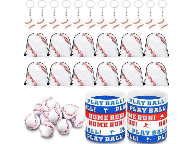 LEIFIDE 48 Pcs Baseball Party Favors 12 Sets Silicone Bracelet Drawstring Treat Bag Mini Stress Ball Keychains for Baseball Birthday Party Supplies