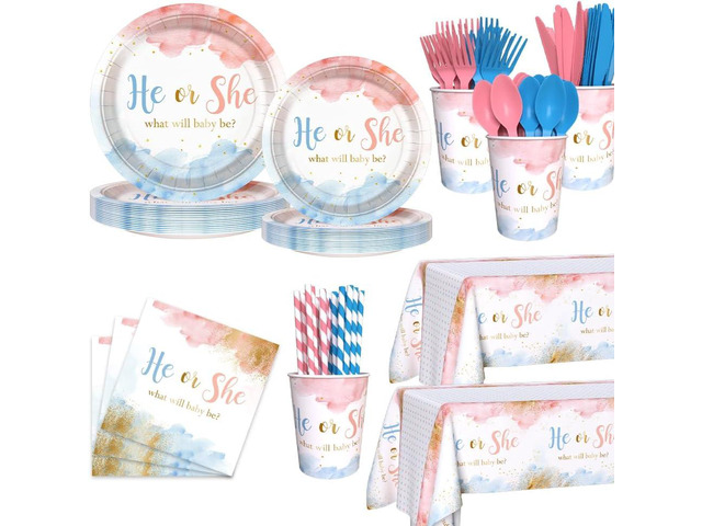 AIBIIN 194 PCS Gender Reveal Decorations Gender Reveal Paper Plates Cups and Napkins Sets He or She Baby Shower Party Supplies Pink and Blue...