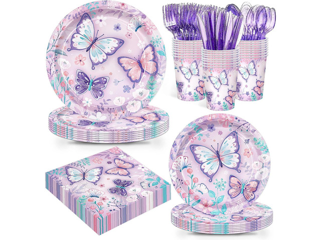 168pcs Butterfly Party Decorations Purple Butterfly Plates and Napkins Tableware Set Disposable Paper Cups Flower and Butterfly Birthday Party...