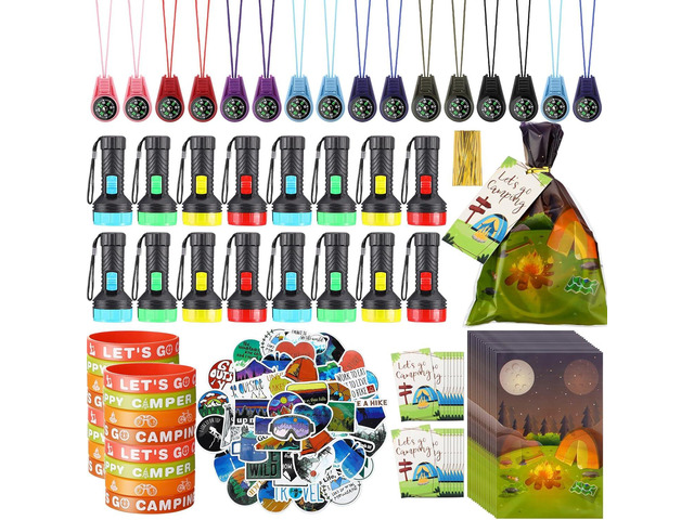 Fumete 130 Pcs Camping Party Favors Happy Camper Party with Silicone Bracelets, Mini Compass, Mini Flashlight Keychains, Stickers, Bag and Tag...