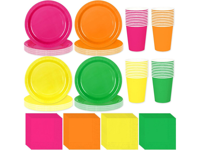 Whaline 244 Pcs Neon Party Supplies Set Include 7 & 9 Inch Rainbow Color Paper Plates Napkins 9oz Cups Disposable Dinnerware for Neon Glow Birthday...