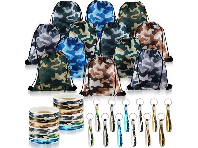 CHENGU 36 Pcs Camo Drawstring Bag Bulk Camouflage Military Rubber Keychain Silicone Bracelet for Goodie Gift Bag Stuffers Fillers Summer Camping...