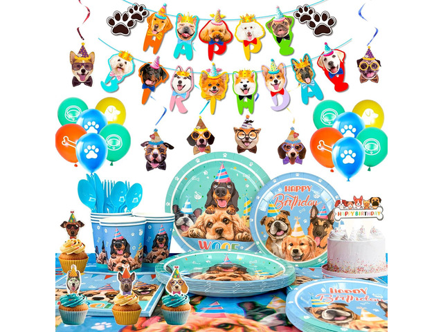 159 Pcs Puppy Birthday Party Decorations, 16 Guests Dog Birthday Tableware Set Dog Party Plates Cups Napkins Tablecloth Banner Balloon Cake Topper...