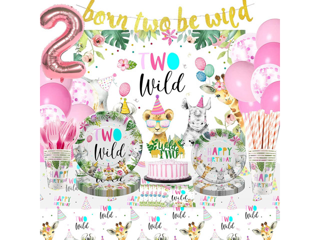 Two Wild Birthday Decorations Dinnerware For Girl, Jungle Safari Theme 2nd Birthday Party Supplies Include Plate, Cup, Napkin, Backdrop, Banner,...