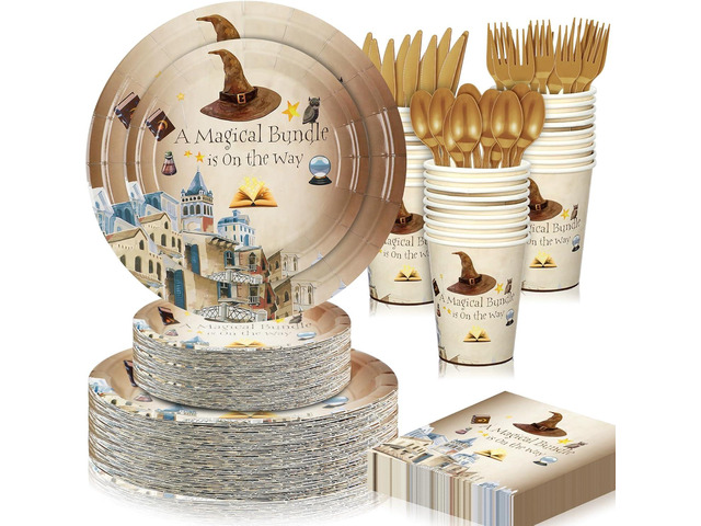 350 Pcs Magical Wizard Party Decorations Supplies A Magical Bundle Is On The Way Tableware Set Disposable Plates Cups Napkins Cutlery for Birthday...