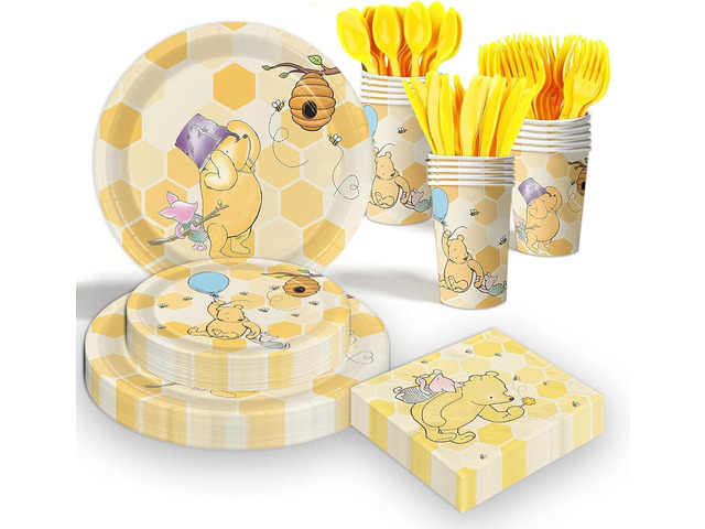175pcs Classic Winnie Bear Baby Shower Pooh Decorations Birthday Party Supplies Tableware Baby Shower Plates Napkins Cups Cutlery for Gender...
