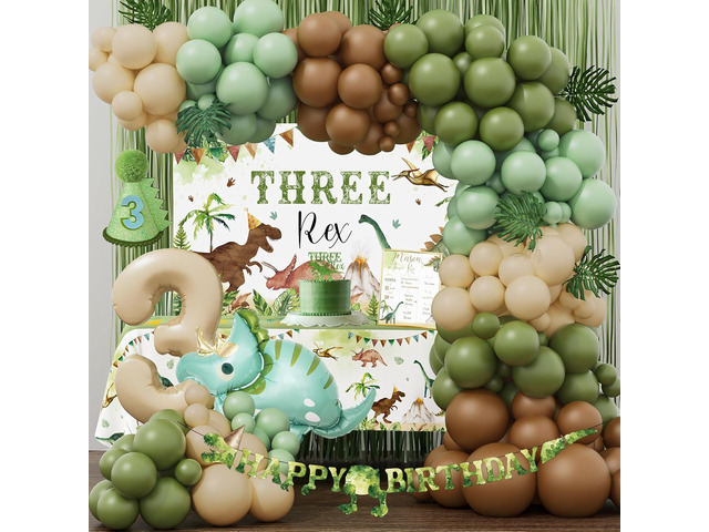 Three Rex Birthday Party Decorations Boy, Dinosaur 3rd Birthday Party Supplies, Three Rex Backdrop Tablecloth Fringe Curtain Balloon Arch Cake...