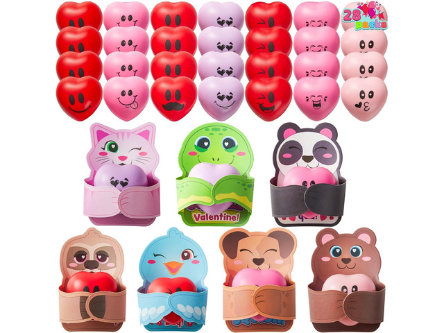 JOYIN 28 Packs Heart Stress Ball with Valentine Cards Heart Shape squishy toy Stress Relief Toy with Valentines Greeting Cards for Kids Valentine's...