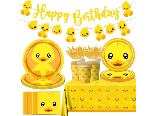 Rubber Duck Party Supplies,Happy Birthday Duckie Tableware Set Duck Plates Yellow Baby Shower Napkins Cups for Waddle It Be Gender Reveal Party,One...