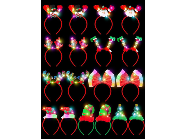 HOVACY 18 Pcs Light Up Christmas Headband, Chrstmas LED Lighting up Headbands, Chrismas Tree Santa Hat Elf Hat Xmas Headwear, Christmas Decorations...