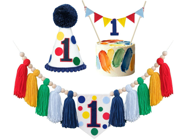 Colourful Rainbow Dot 1st High Chair Banner Conical Cap Primary Colors Cake Topper for Boys Girls Birthday Party Decorations
