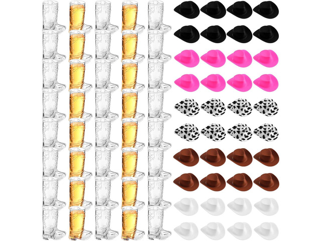 Sumind 80 Pcs Western Party Decoration Supplies Plastic Mini Cowboy Hats with 1 oz Miniature Cowgirl Cowboy Boot Shot Glasses