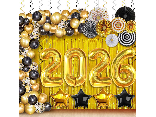 KatchOn, New Years Eve Party Supplies 2026 - Huge Set, Pack of 112 Black and Gold 2026 Balloon Arch Kit with Gold Fringe Curtain Backdrop Happy...