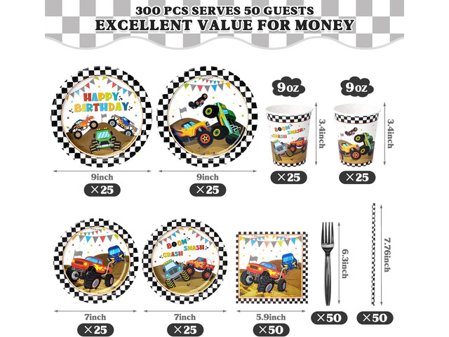 300 Pcs Truck Plates and Napkins Tableware Set, Plates Napkins Cups Straws and Forks Sets, Truck Birthday Decorations, Party Supplies, Serves 50...