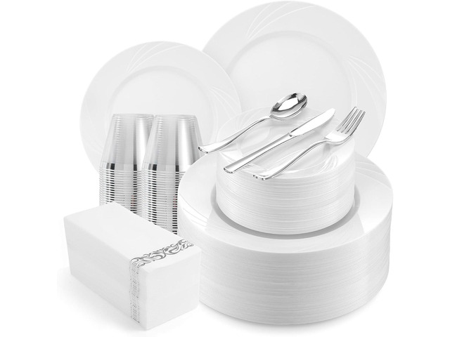 700-Piece White Swirls Plastic Dinnerware Set for 100 Guests, Elegant Disposable Dinnerware for Party, Wedding. Includes 10.25' Dinner Plates, 6.5'...